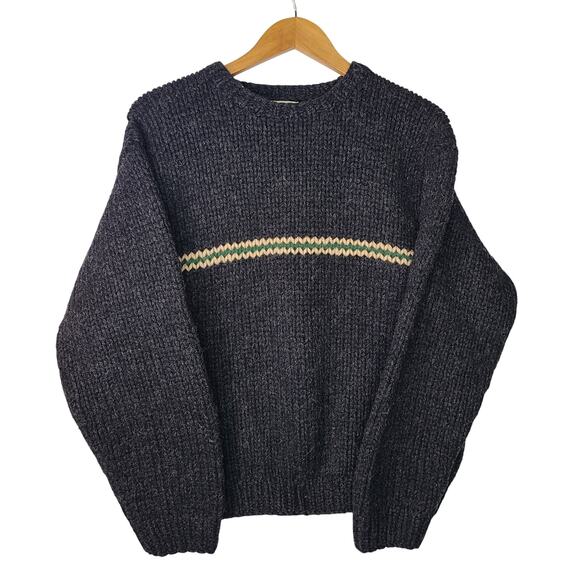 Vintage J.CREW 90's Men's Black Green 100% Wool Hand Knit Stripe Sweater Medium - Picture 1 of 8